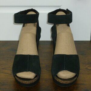 Franco Sarto Black Leather Wedge Sandals w/Adjustable Ankle Straps